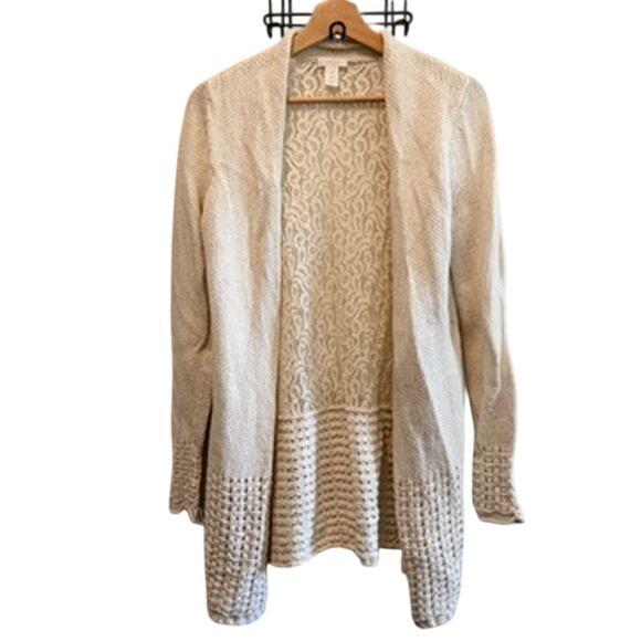 Chico's 1 Sz M Longline Lace Back Long Duster Sweater Cardigan Jacket Lattice - Picture 1 of 6